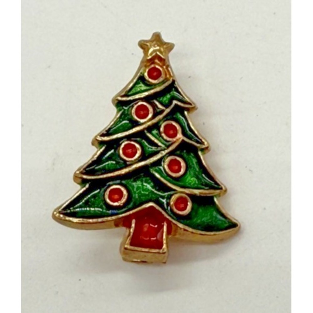 Christmas Tree Brooch Pin Enamel Green Red Gold Holiday Jewelry Festive Gift 1in